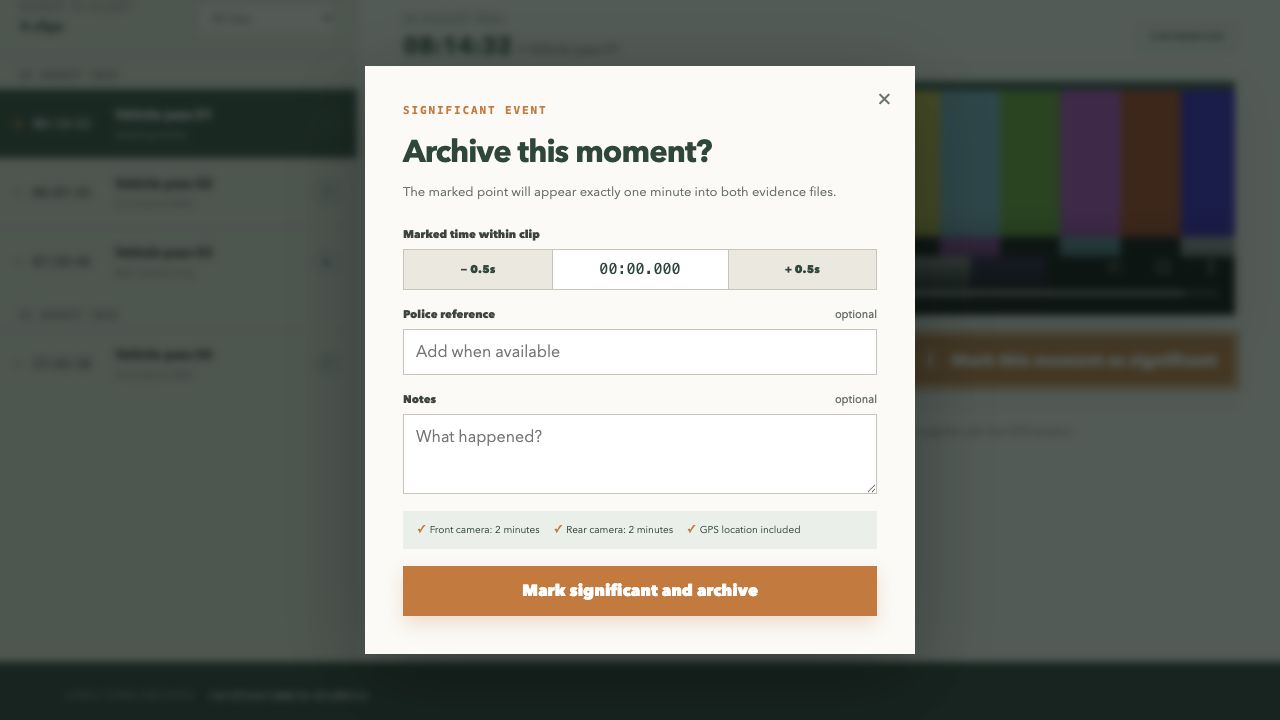Significant event dialog for choosing the exact video time and adding optional reference information before evidence is archived